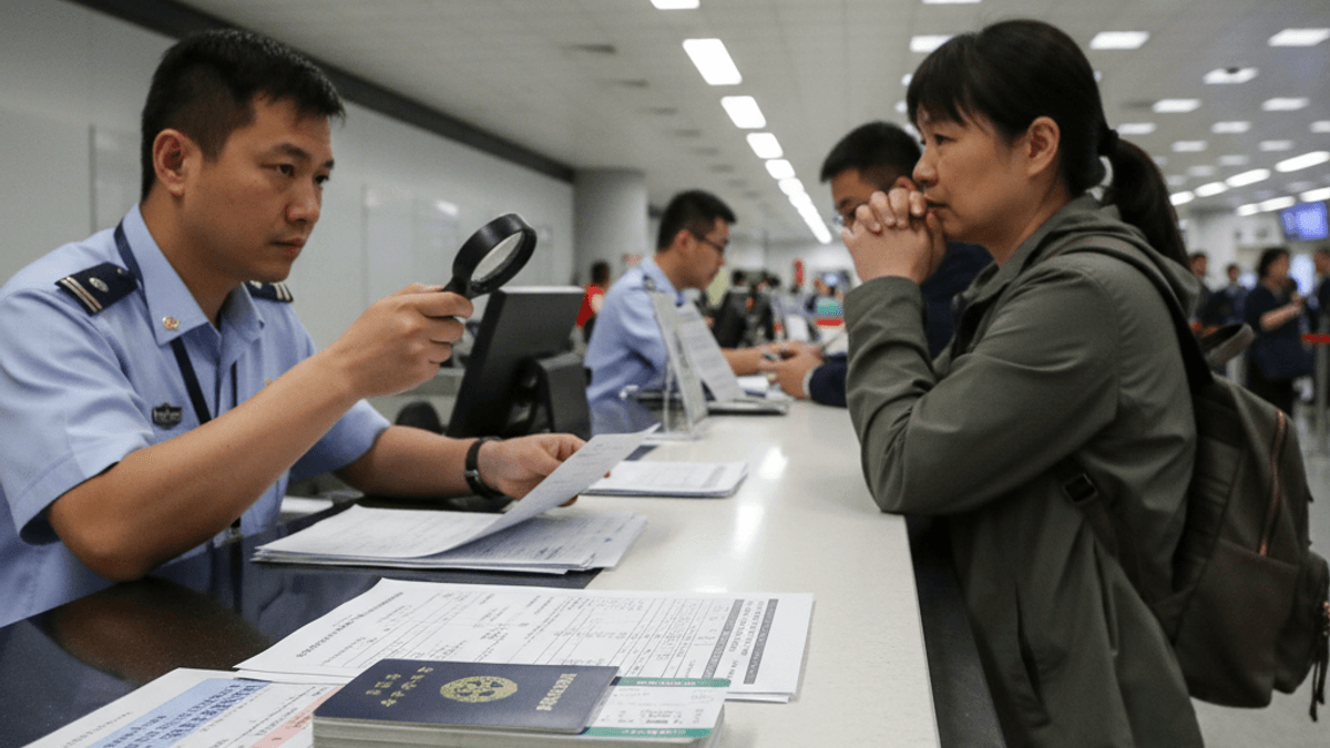 マカオの空港で、制服を着た入国審査官が虫眼鏡で書類を確認し、中国本土からの渡航者が待っている。