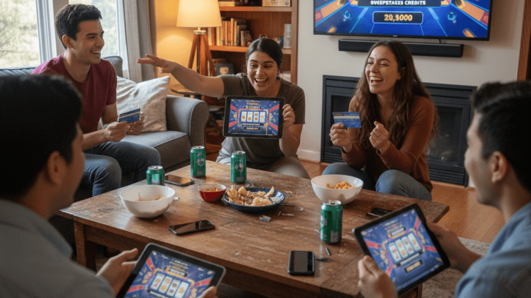 明るいリビングルームで、タブレットやテレビ画面でソーシャルカジノゲームに熱中する5人の若者。