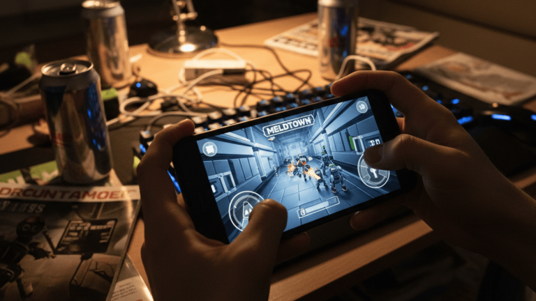 暗い部屋でスマートフォンを使って「Meltdown」をプレイしている人の手が写っています。