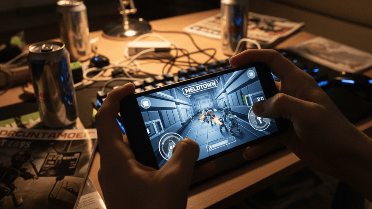 暗い部屋でスマートフォンを使って「Meltdown」をプレイしている人の手が写っています。