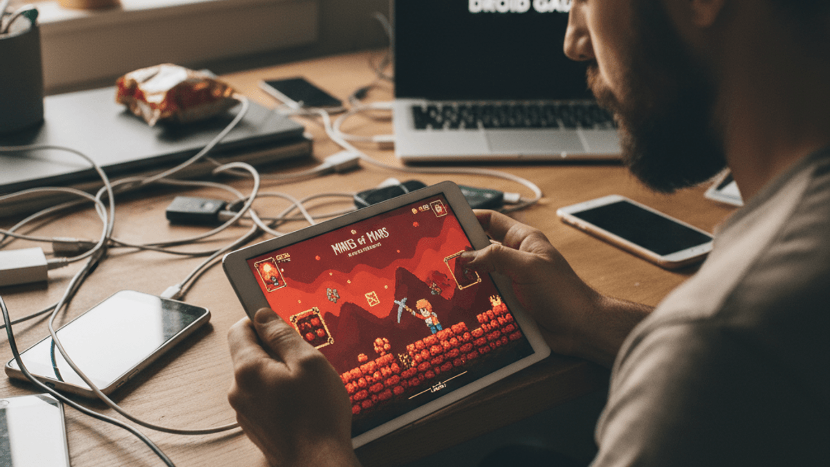 散らかったデスクでタブレットを操作し、火星を舞台にしたゲームをプレイしている男性の肩越しのショット。