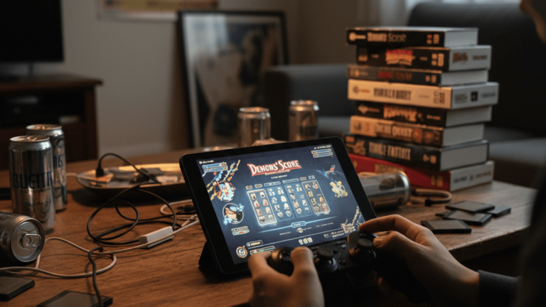 薄暗いリビングでタブレットとコントローラーを使って「Demons' Score THD」をプレイしている人物の肩越しショット。