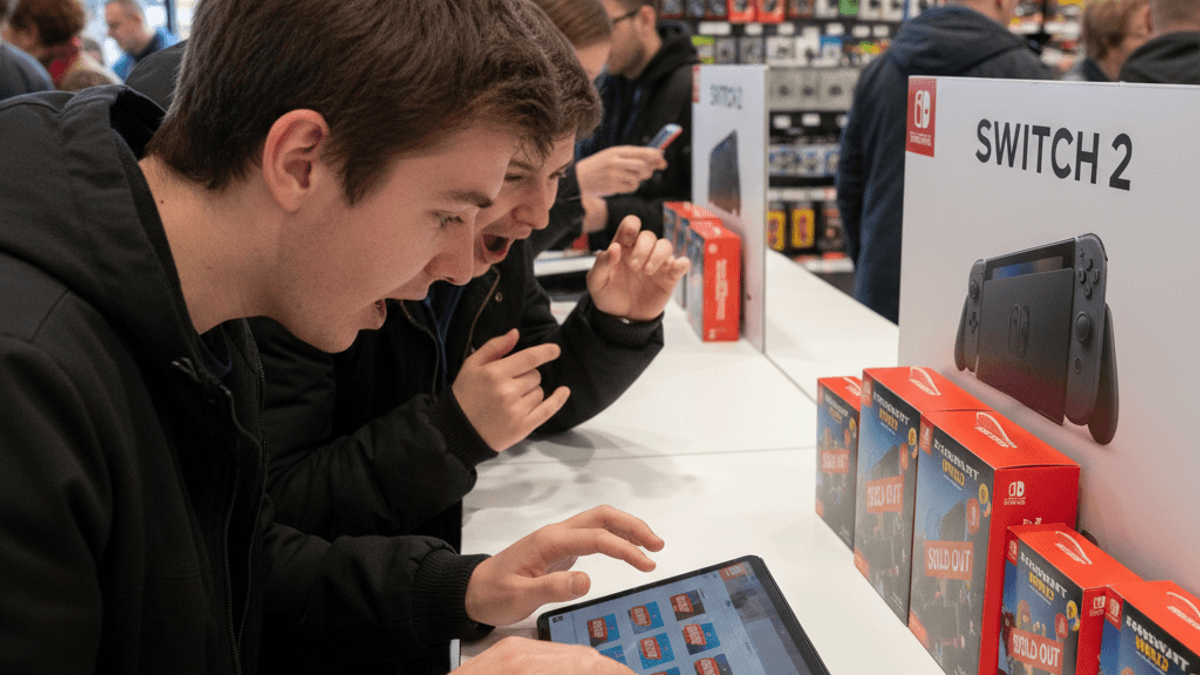 ゲーム店でタブレットを操作し、Nintendo Switch 2の予約状況を熱心に確認する若者たちのクローズアップ。