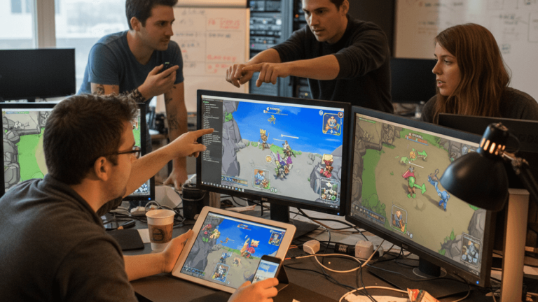 複数モニターとタブレットでゲームをテストする開発者たち。