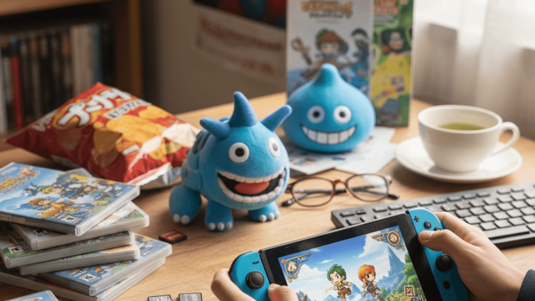 「ドラゴンクエスト トレジャーズ」をNintendo Switchでプレイする手が映っており、テーブルにはスライムのぬいぐるみなどが置かれている。