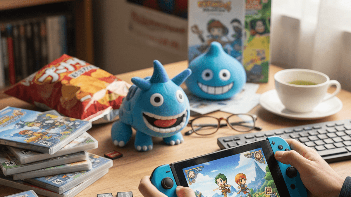 「ドラゴンクエスト トレジャーズ」をNintendo Switchでプレイする手が映っており、テーブルにはスライムのぬいぐるみなどが置かれている。