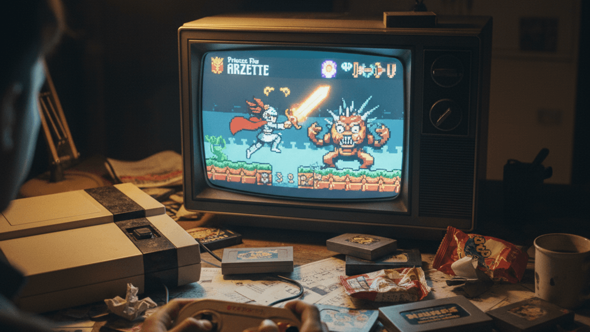暗い部屋で古いテレビとゲーム機を使って「Arzette」をプレイする人物の背面からのショット。