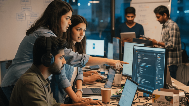 Three focused developers in an active Indian office, one pointing at a screen with code, others working on laptops.