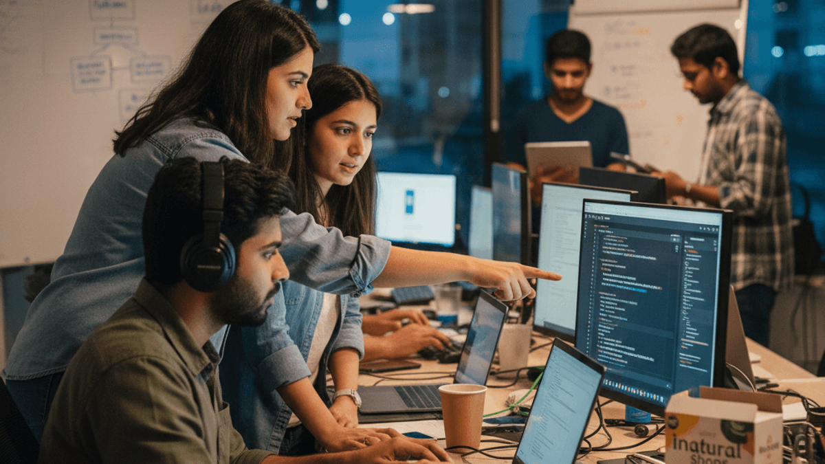 Three focused developers in an active Indian office, one pointing at a screen with code, others working on laptops.