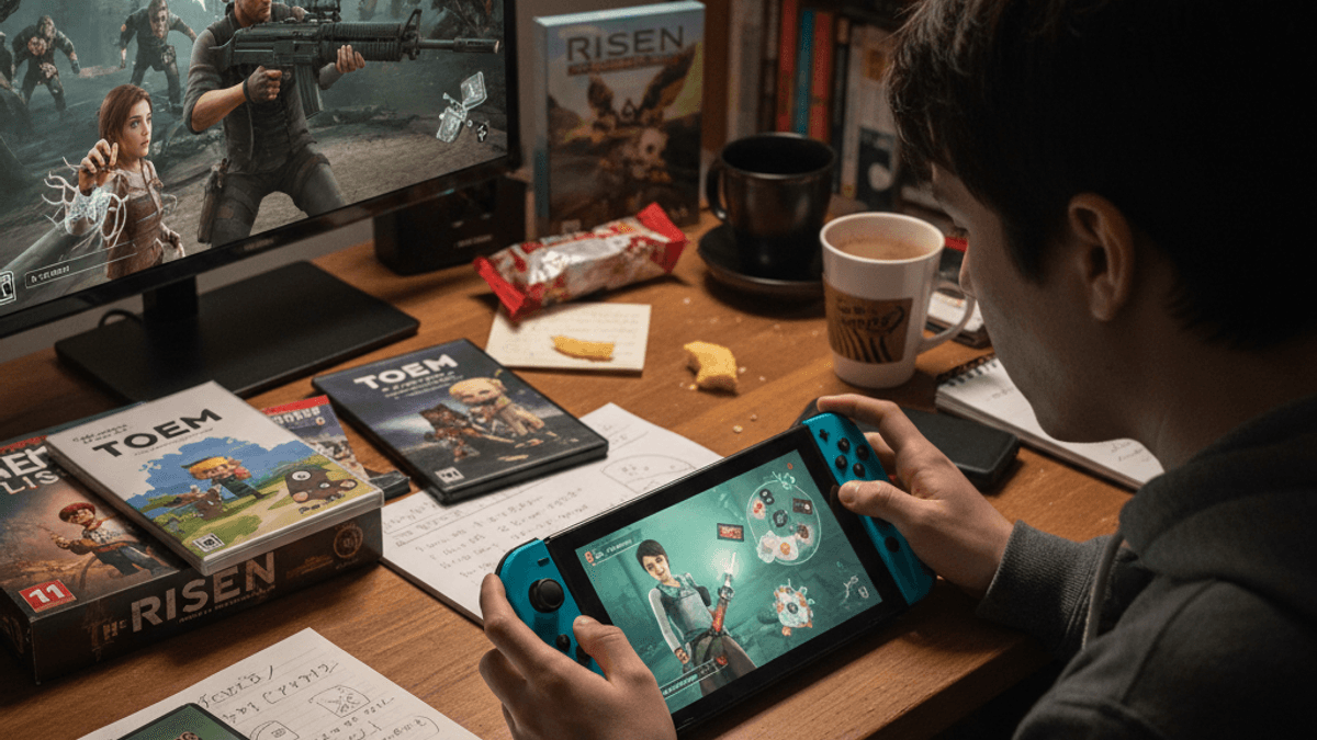 暗い部屋のデスクでNintendo Switchをプレイしている男性の背後からの視点。机には様々なゲームのパッケージとスナックが散乱している。
