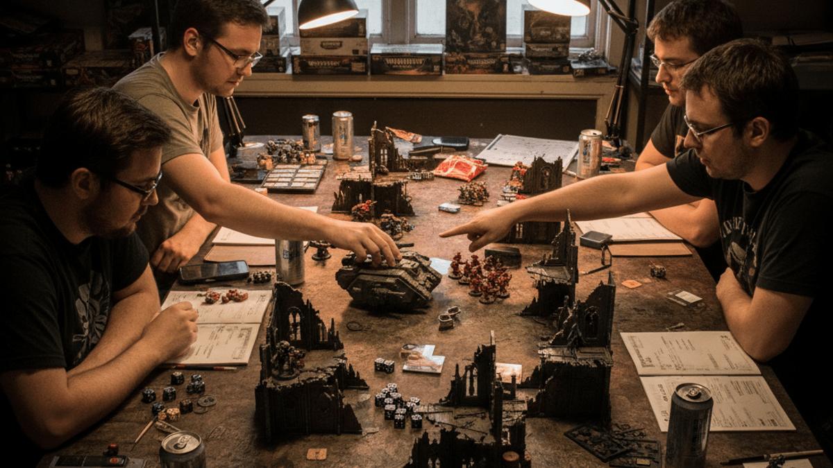 暗い部屋で、4人の友人がテーブルゲーム「ウォーハンマー40k」のミニチュアや地形を囲んで座っている。