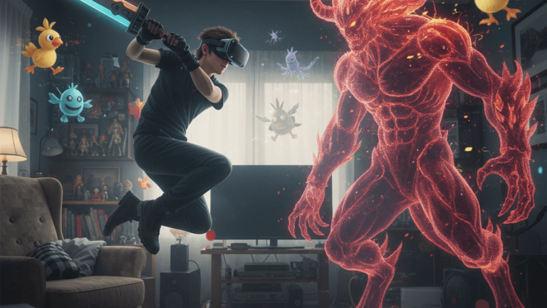 VRヘッドセットを装着したザックスが部屋の中で発光する剣を振り、バーチャルなイフリートと戦っている。