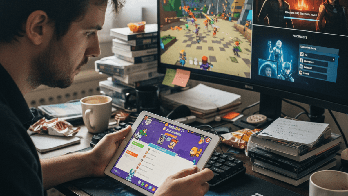 散らかったデスクでタブレットとPCモニターを見つめながらモバイルゲームをレビューする男性の横顔。
