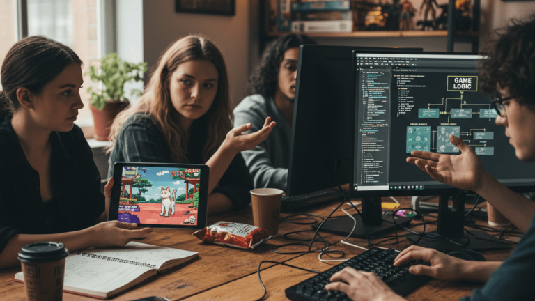 忙しいオフィスでAndroidゲームのコード、ガイド、ニュースに関する記事に取り組む編集者のグループ。