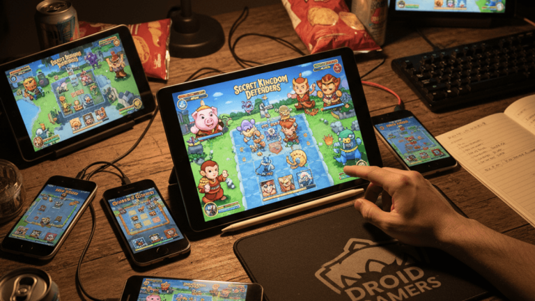 暗い部屋の木製の机に、複数のタブレットやスマートフォンが散らばり、それぞれがモバイルゲーム「Secret Kingdom Defenders」を表示している。
