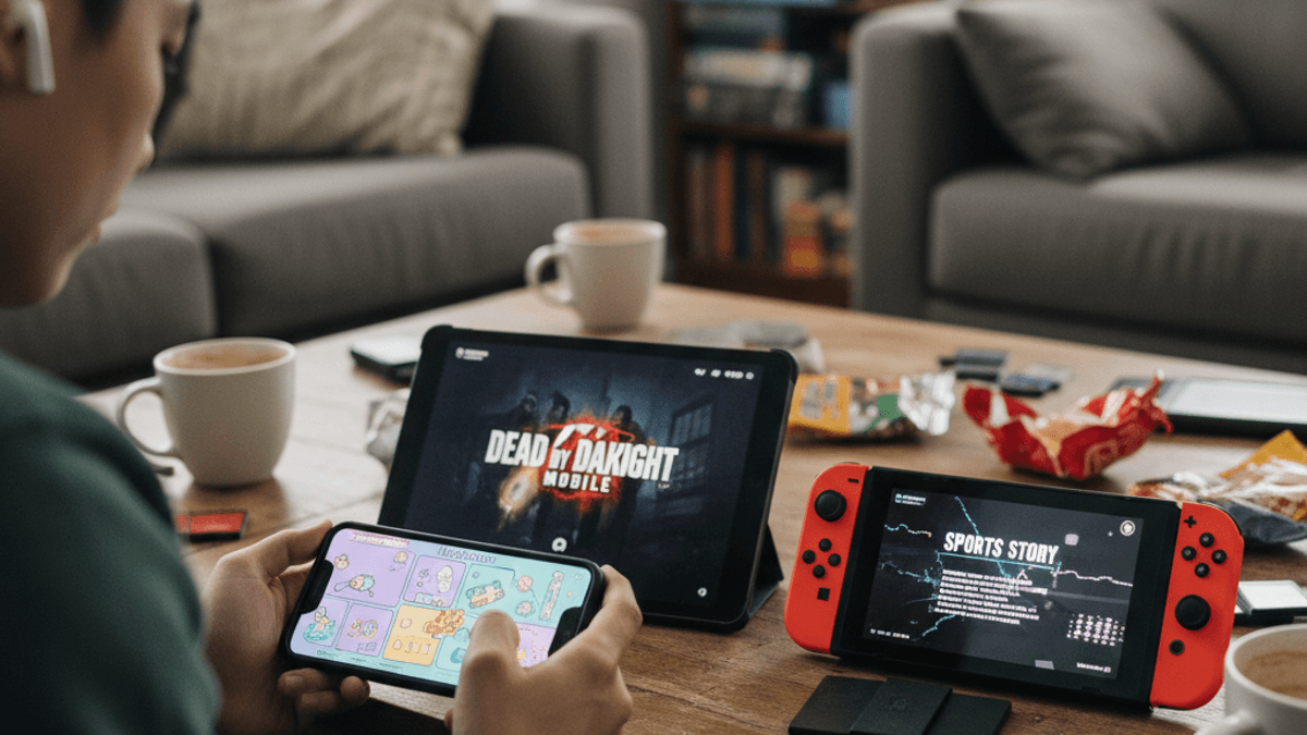 リビングルームで、Dead by Daylight Mobile、Sports Story、Melatoninを映す複数のデバイスを囲んで座っている人。
