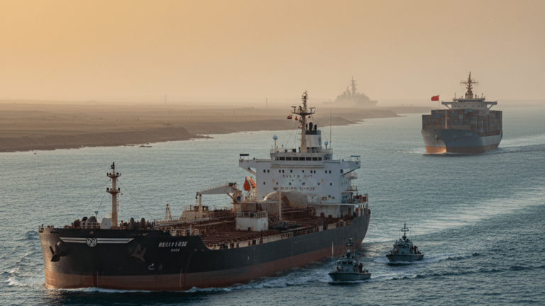 A wide shot of multiple large cargo and oil tankers on the open sea, flanked by smaller, faster patrol boats under a hazy sky.