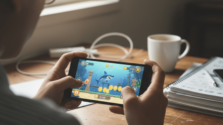 ユーザーがスマートフォンで「Shark Dash」をプレイしている様子を、肩越しに捉えたクローズアップ写真。