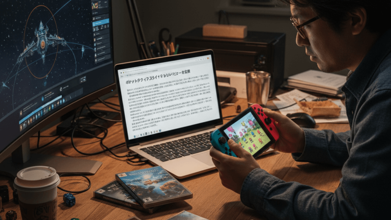 暗めの部屋で、デスクの明かりだけを頼りにゲームレビュー記事を読みながら、Nintendo Switchを操作する男性。