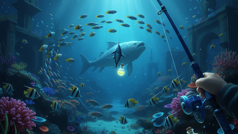 水中で釣り竿を握る手のクローズアップ。周りには色とりどりの魚、サンゴ、そして光るポーションが散らばっている。