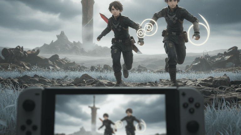 Nintendo Switchの画面には、巨大な剣を背景に荒野を駆け抜ける2人のキャラクター、ノアとミオが映っている。