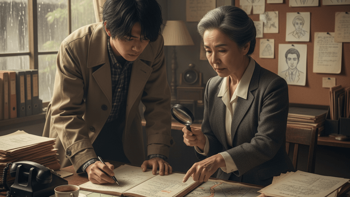 探偵事務所の机で、若い男性と年配の女性が地図と書類を調べている。女性は虫眼鏡を使っている。
