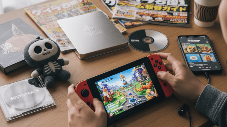 温かみのある木製テーブルの上で、赤いNintendo Switchを両手で持ち、ゲームをプレイしている人物の肩越しのショット。