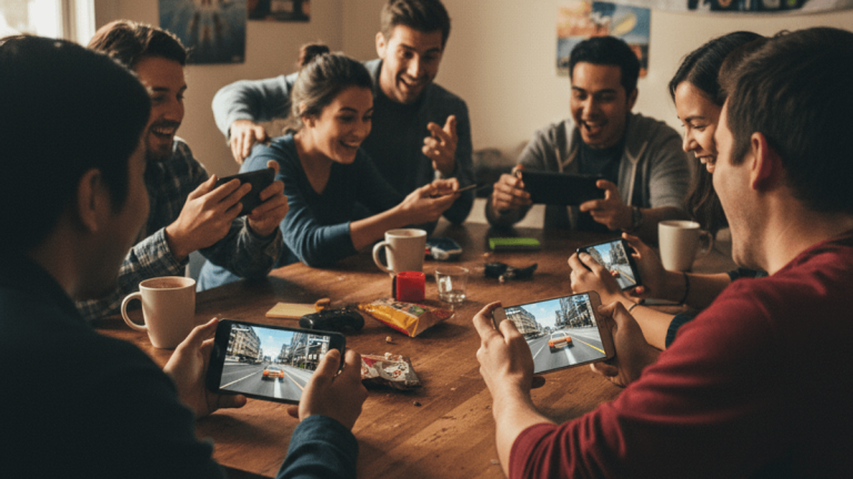 友人たちがリビングルームのテーブルを囲み、それぞれスマートフォンでレーシングゲーム「アスファルト6」をプレイしている。