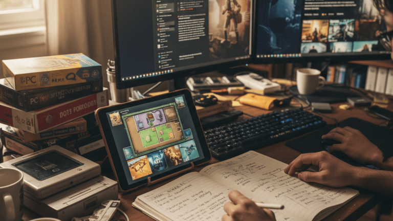 散らかった机で、タブレットでゲームをプレイし、デュアルモニターでゲーム情報を見ながらノートに書き込む男性。