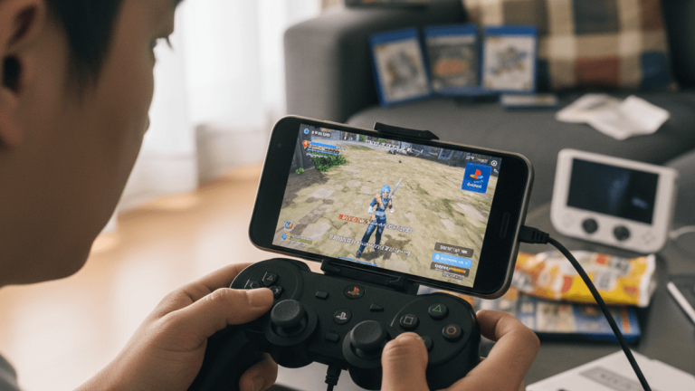 リビングルームでAndroidスマートフォンとコントローラーを使ってPS Vitaゲームをプレイしている男性の肩越しのショット。