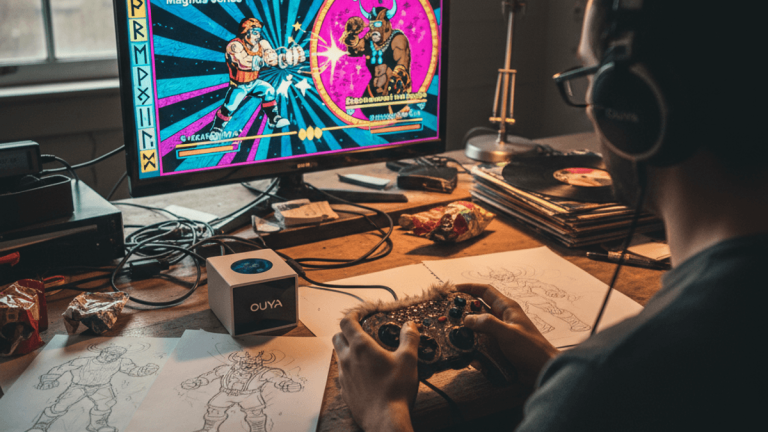 薄暗い部屋でOUYAコンソールとコントローラーを使って「Soul Fjord」をプレイする人物の背後からのショット。
