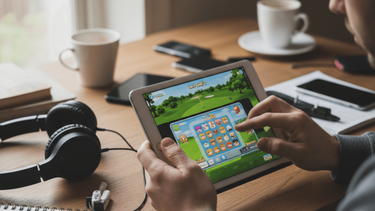 温かみのある自然光が差し込む部屋で、男性がタブレットを操作してモバイルゲームをプレイしている。