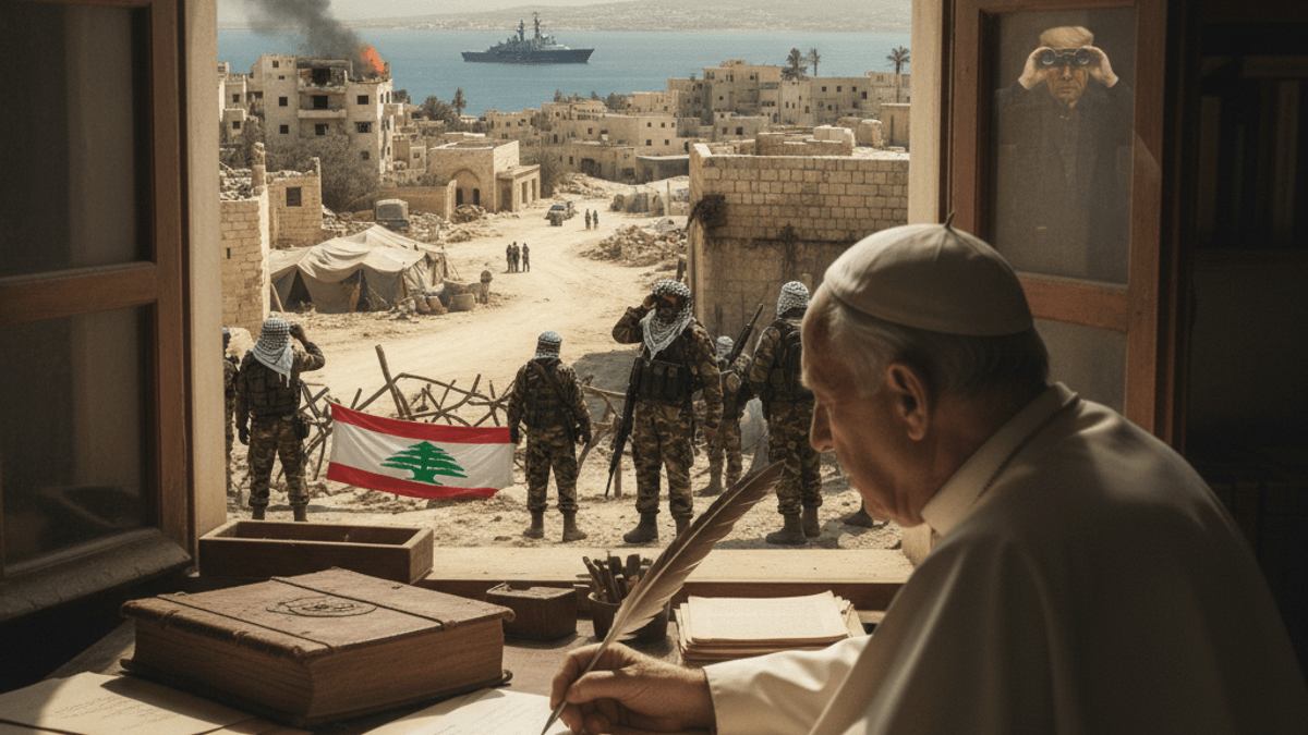 Pope Leo XIV, in profile, writes at a desk. Through an archway, a coastal Middle Eastern town shows signs of conflict.