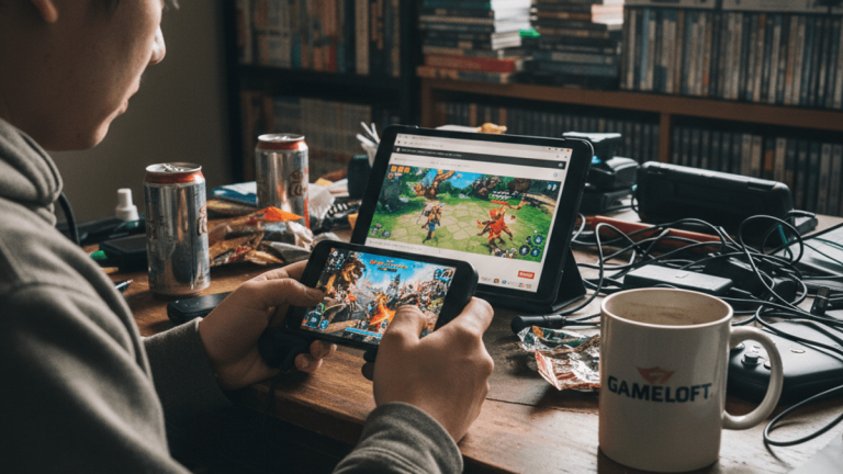 若者が自宅の机でスマートフォンとタブレットを使ってモバイルゲームをプレイしている様子。机の上には飲み物やマグカップが散乱している。