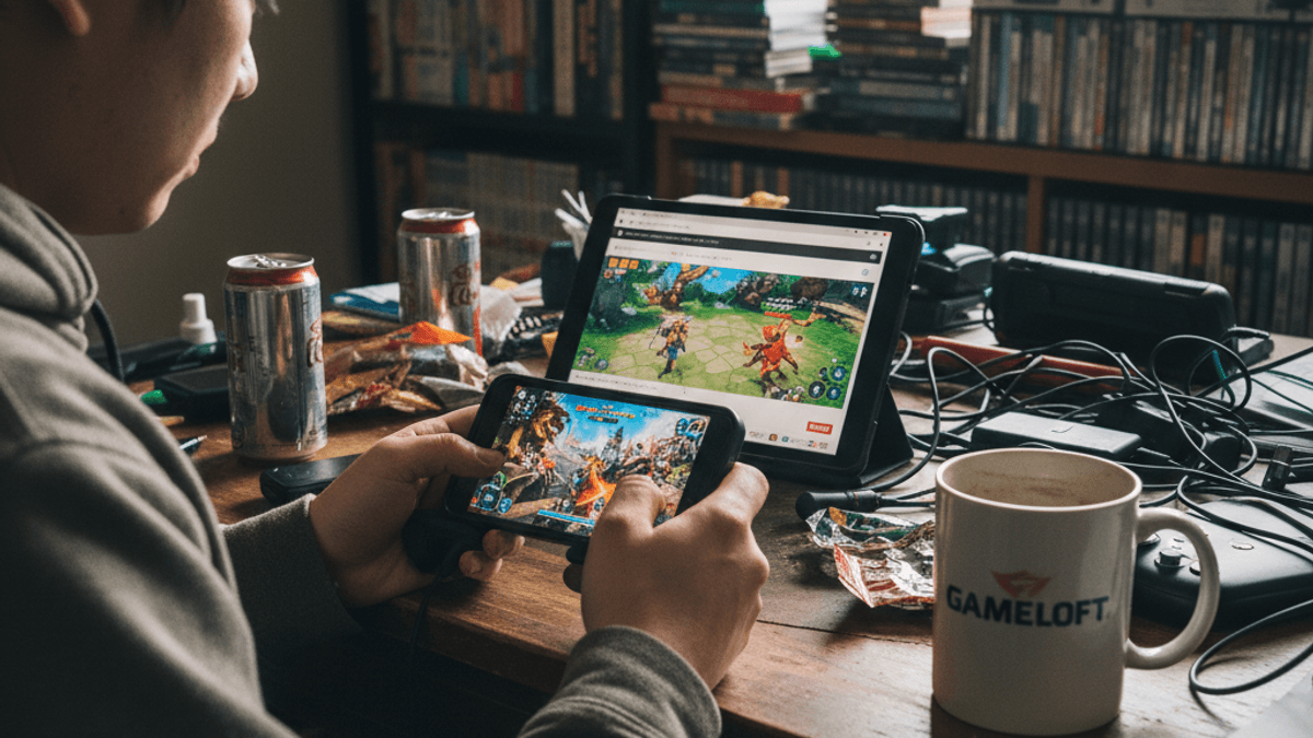 若者が自宅の机でスマートフォンとタブレットを使ってモバイルゲームをプレイしている様子。机の上には飲み物やマグカップが散乱している。