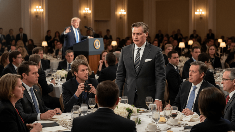 A photo of Jim Acosta standing at a table in a crowded ballroom, looking towards a speaker on a stage.