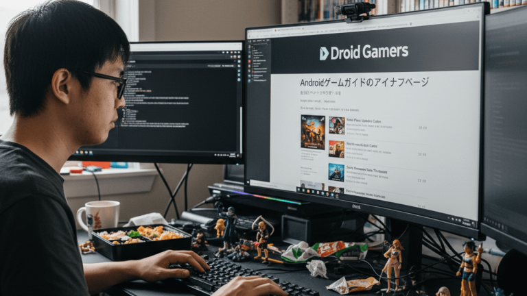 自宅のデスクでパソコンに向かい、Androidゲームガイドを見ている若い男性ゲーマー。