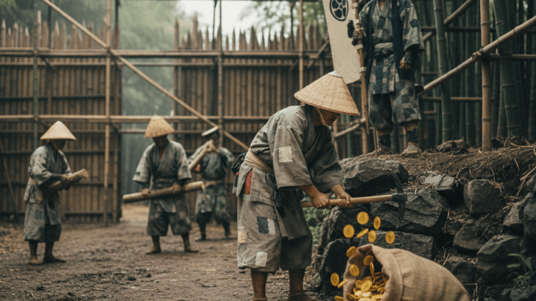 侍の王が竹の建築現場で金貨の袋のそばに立ち、市民を監督している。