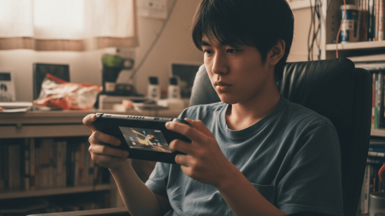 薄暗い部屋でくつろいだ服装の若者が、集中してNintendo Switchをプレイしている。