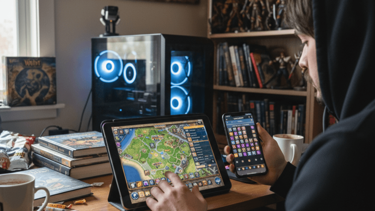 フードをかぶった男性が自宅のデスクでWorld of Warcraftのモバイルアプリを操作している。