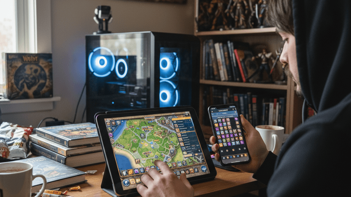 フードをかぶった男性が自宅のデスクでWorld of Warcraftのモバイルアプリを操作している。