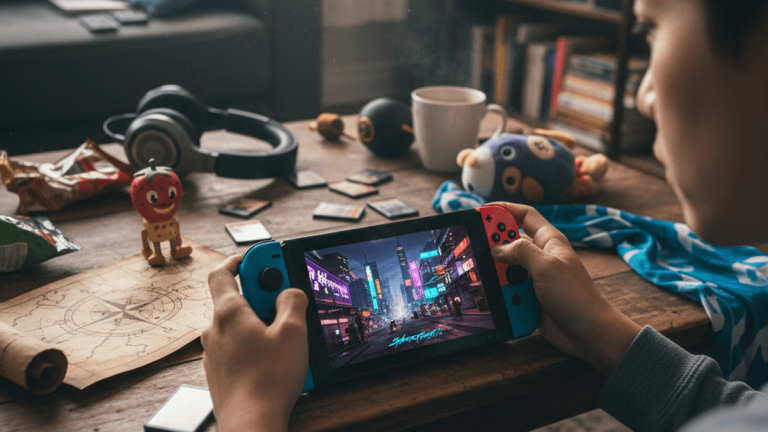 Nintendo Switchでゲームをプレイする若者の肩越しショット。テーブルにはゲームカートリッジ、ヘッドホン、地図が散らばっている。