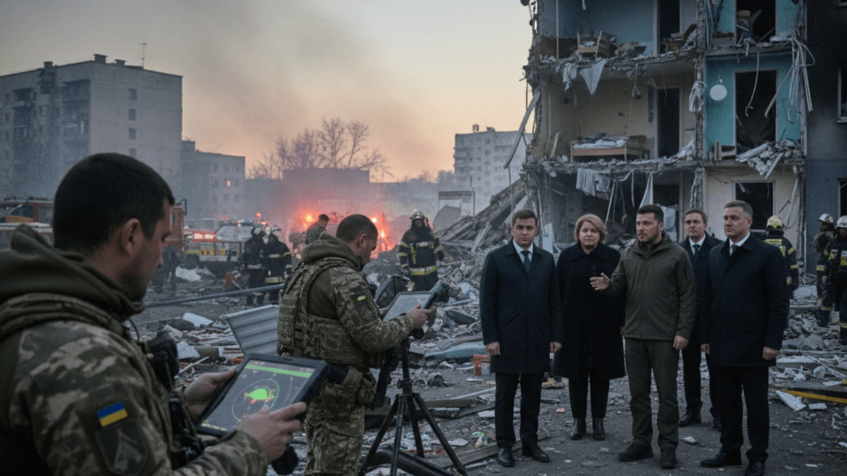 President Zelenskyy and officials observe a drone operator amidst rubble and a damaged building in Dnipro.