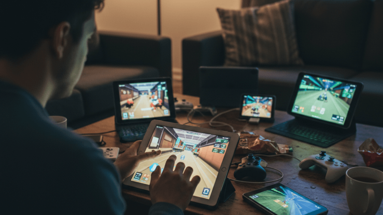 薄暗いリビングルームで、様々なiPadを使ってゲームに熱中している人々。手前の人物はタブレットを操作し、周りには他のiPadやゲームコントローラーが散乱している。