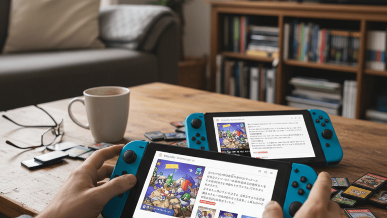 リビングルームの木製テーブルに置かれた2台のNintendo Switchと、それを使う人の手元が写っている。