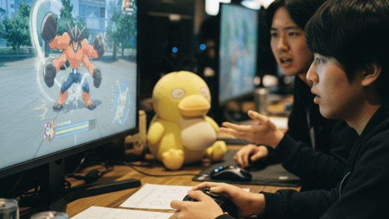 暗いeスポーツ施設で「ポケモンユナイト」をプレイする2人の若者の candid な写真。ゲーム画面にはマッハンプが映っている。