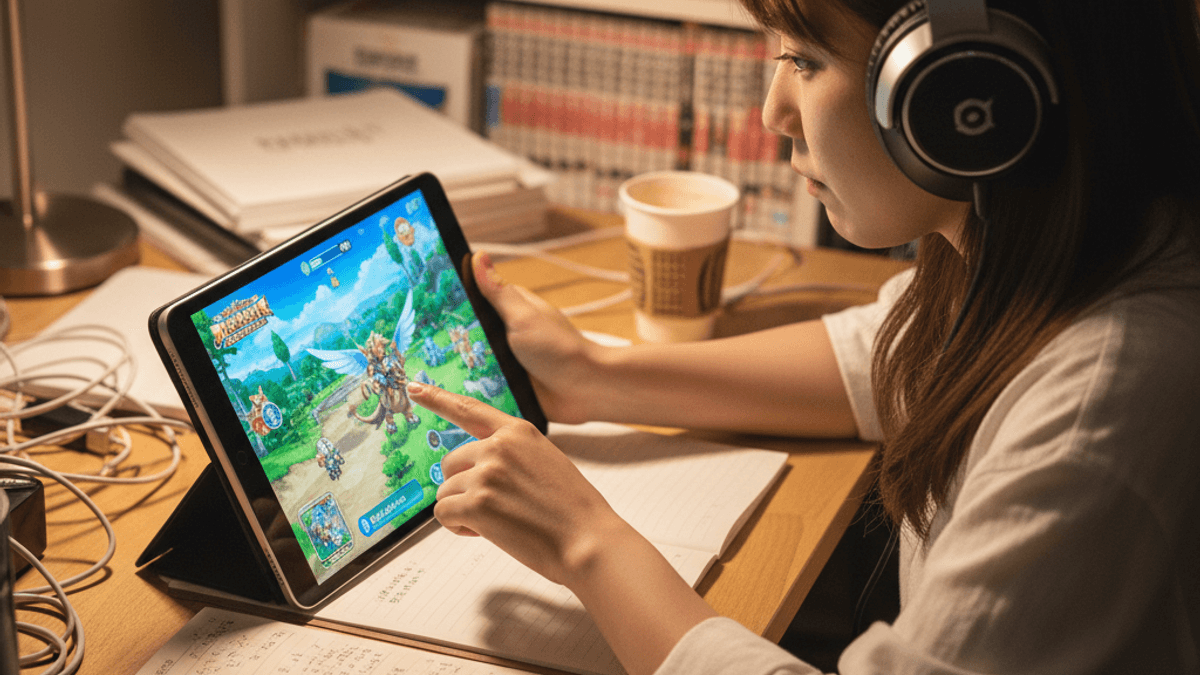 夜、デスクでヘッドホンを着用し、タブレットでゲーム「モンスターハンターストーリーズ+」をプレイする女性のクローズアップ。
