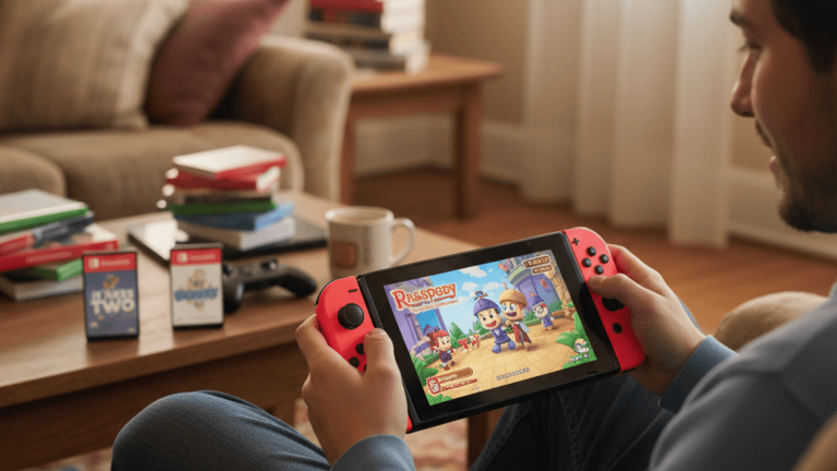 リビングのソファに座り、Nintendo Switchで「ラプソディ」をプレイする男性のクローズアップ。