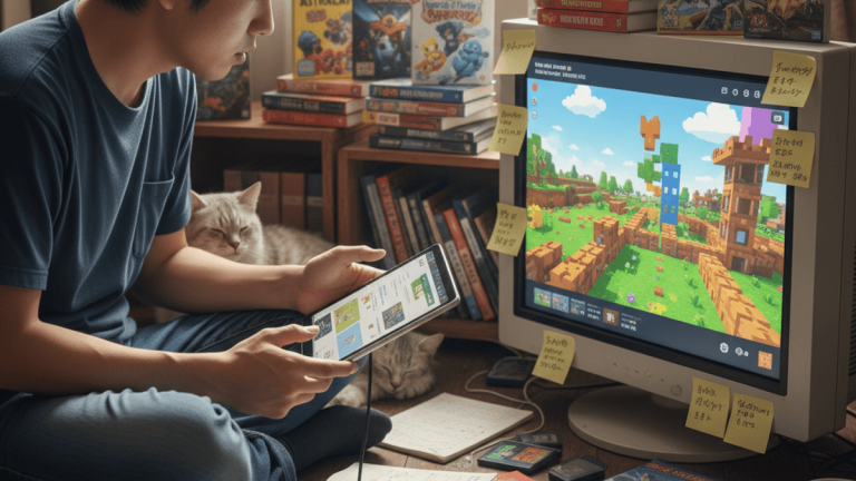 床に座ってタブレットでゲームガイドを読みながら、大きなモニターでゲームをプレイしている若い男性。猫がそばで寝ている。