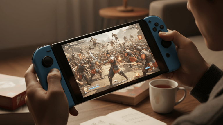 薄暗い部屋でNintendo Switch 2を両手で持ち、「Dynasty Warriors Origins」をプレイしている男性のクローズアップ。